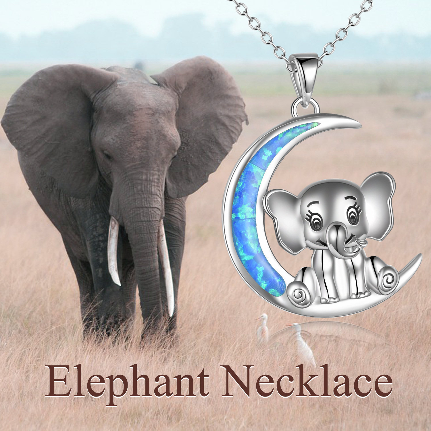 Women's Cute Elephant Necklace with Created Opal Moon Pendant